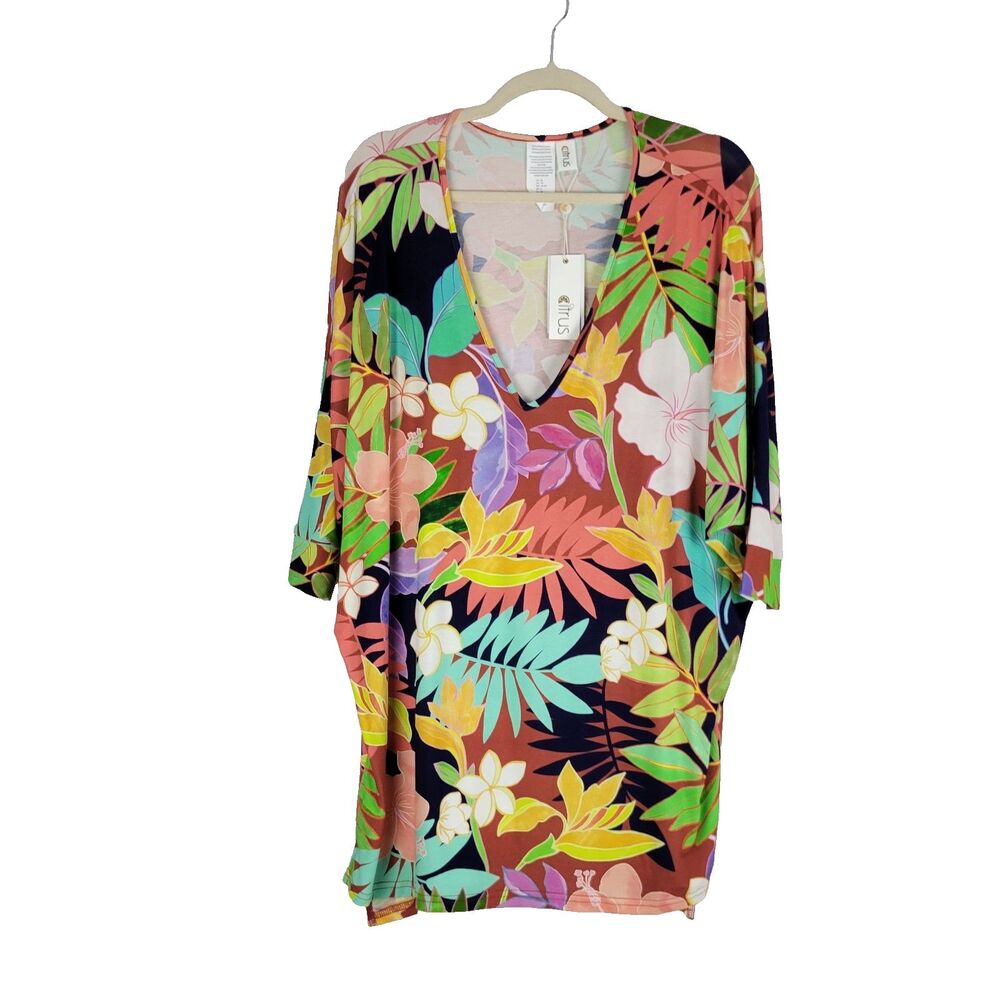 Citrus Tropical Print V-neck Tunic Swimsuit Cover-up Women's size XS NWT $102